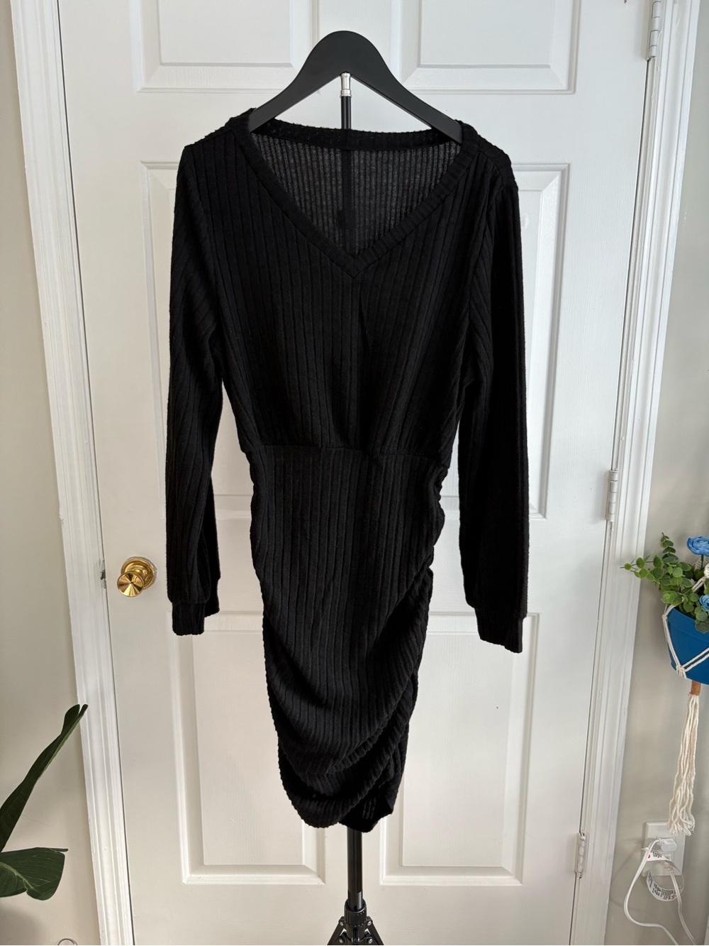 Black Ribbed Long Sleeve V-Neck Dress